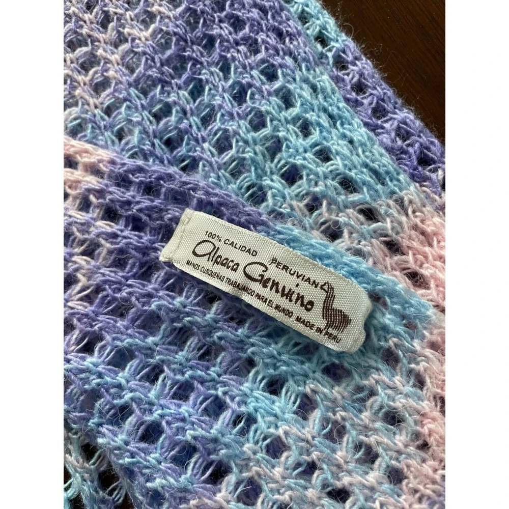 Alpaca Genuino Scarf Womens OS Pastel Blue Purple Mesh Knit Fringe Peruvian Boho